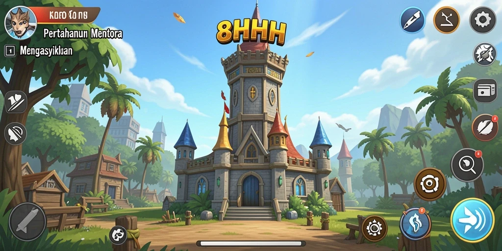 Tangkapan layar gameplay 8HHH menampilkan menara yang menyerang musuh di medan perang.