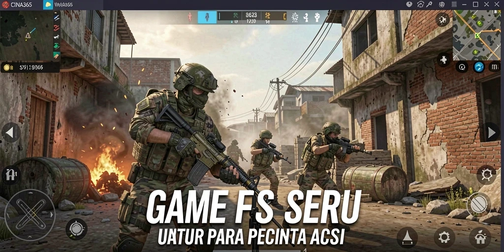 Screenshot CINA365 menampilkan aksi tembak-menembak yang intens di medan perang.