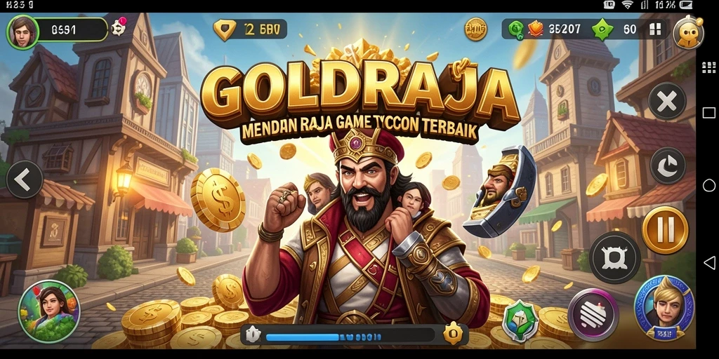 Screenshot gameplay GOLDRAJA menunjukkan aksi membangun kerajaan bisnis.