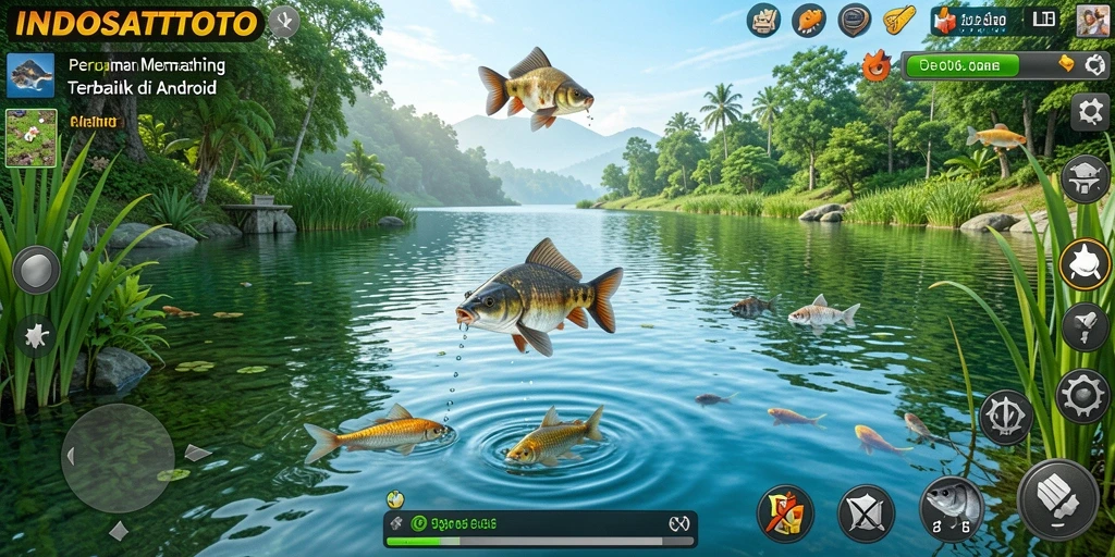 Tampilan screenshot INDOSATTOTO yang menampilkan gameplay menangkap ikan di lautan.