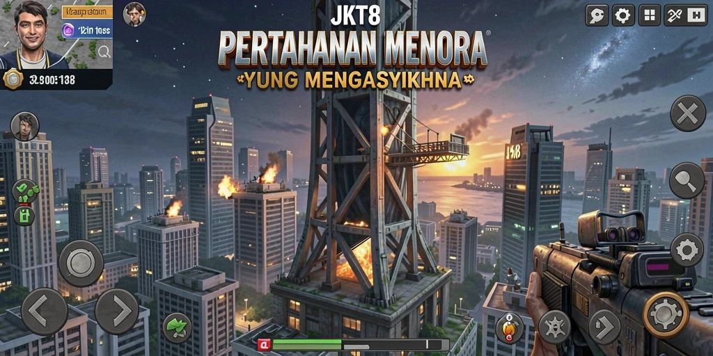Tampilan gameplay JKT8 dengan menara dan musuh yang berinteraksi.