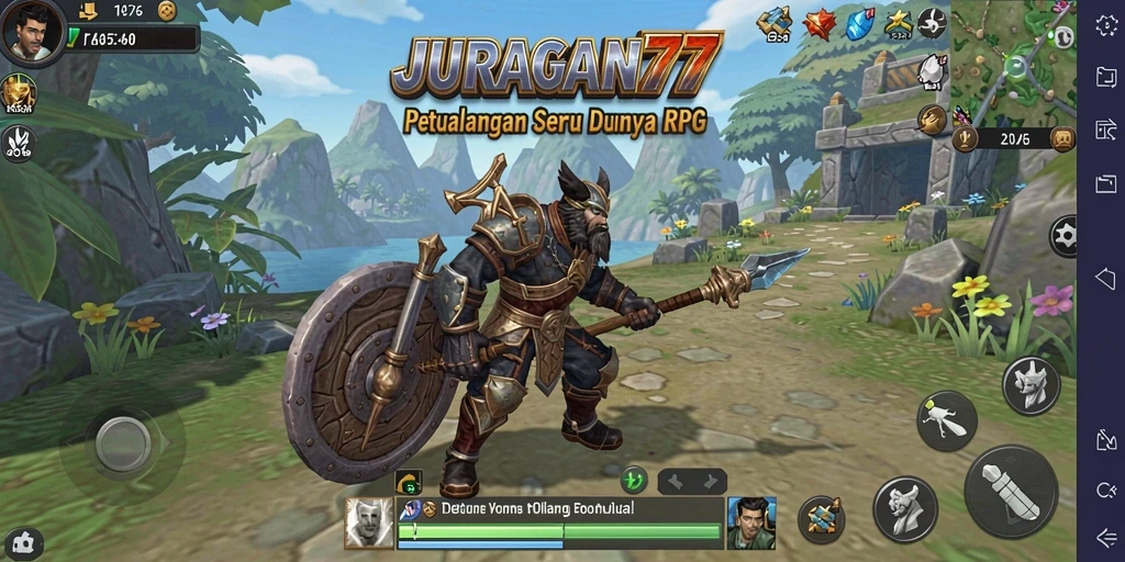 Tangkapan layar menampilkan aksi mendebarkan dalam <strong>JURAGAN77</strong>, memperlihatkan pertarungan dan eksplorasi dunia RPG.